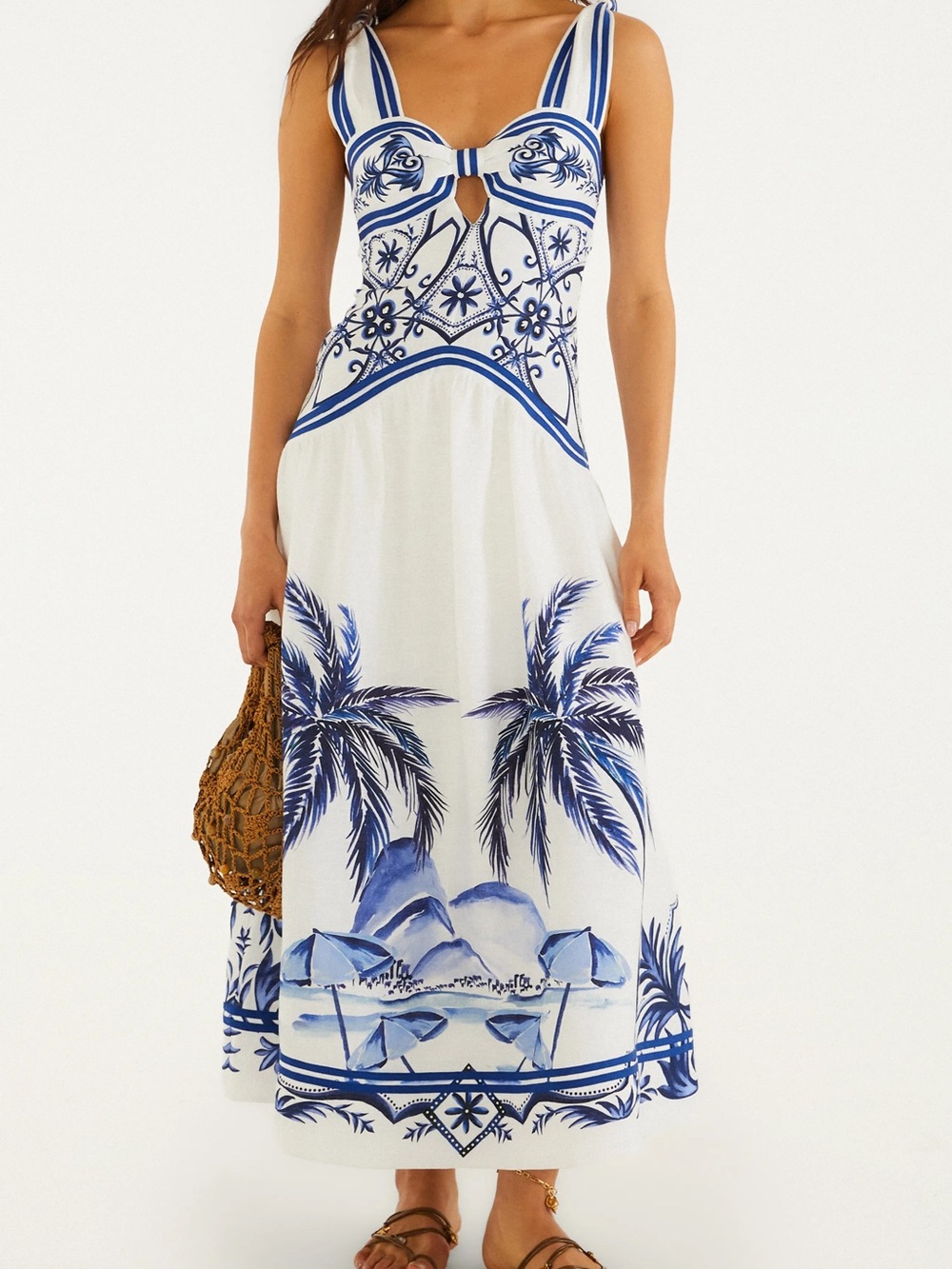 FARM Rio Navy and White Palm-Print Tiered Maxi Dress